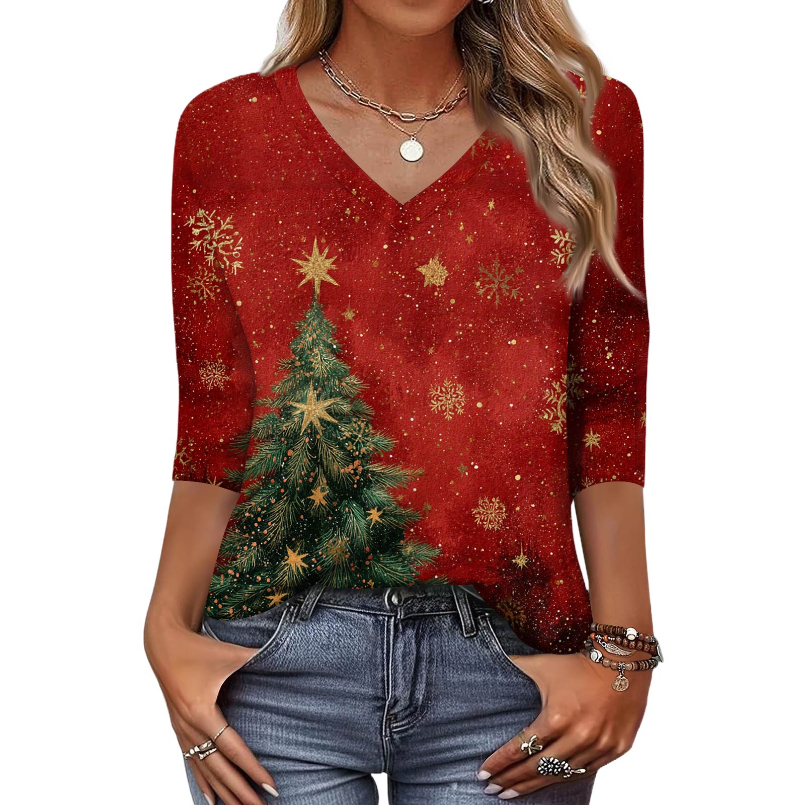 

Модный винтажный топ с рукавом 3/4 для женщин, женская повседневная футболка с рукавом три четверти, V-образным вырезом и принтом XL киноварь