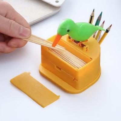 Cute Bird Toothpick Holder Press Type Automatic Plastic Cartoon Creative Toothpick Box for Kitchen Living Room Desktop Decor