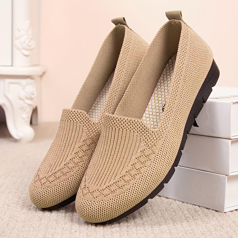 Mocassini traspiranti in rete tinta unita alla moda da donna, scarpe basse slip-on comode in tessuto intrecciato, scarpe casual da passeggio resistenti all'usura, scarpe da mamma