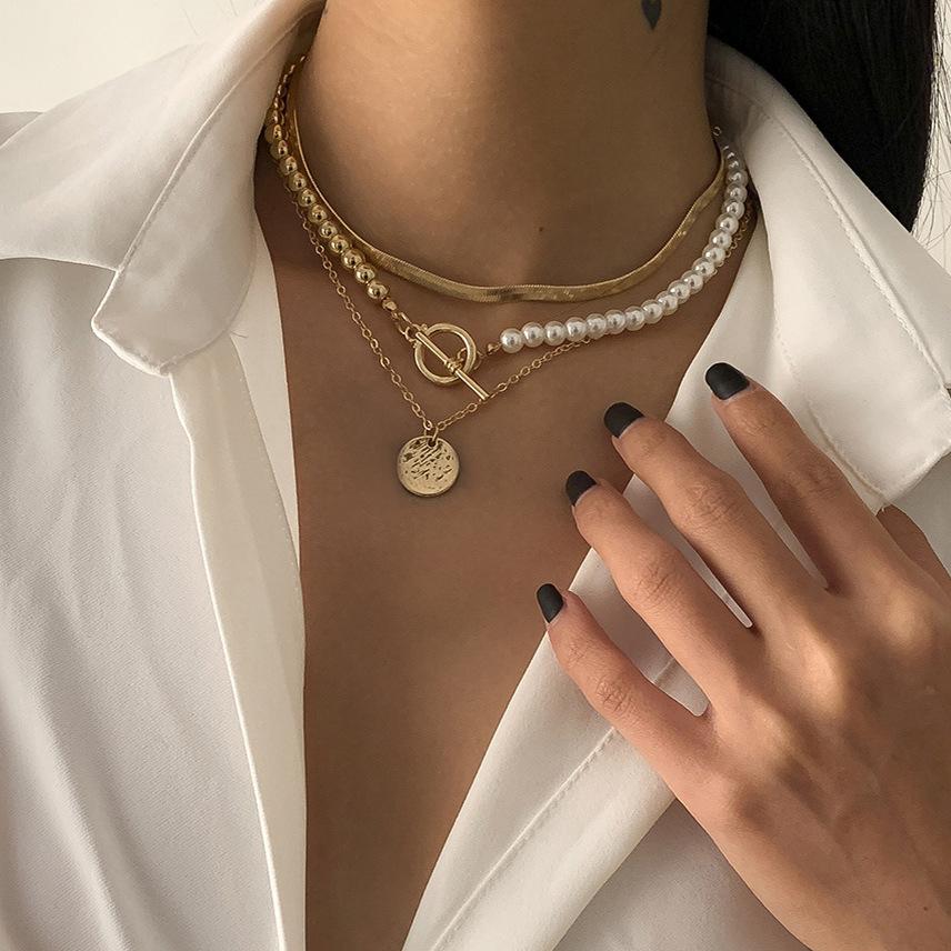 Retro Simple Imitation Pearl Tag Necklace, Hip-Hop Trend Round Bead Snake Bone Chain Necklace