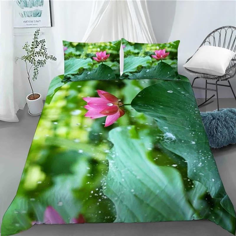 3D Lotus Flower Painting Duvet Cover Polyester Quilt Cover with Pillowcases King Queen Size for Kids Teen Adults Bed Decor Gifts
