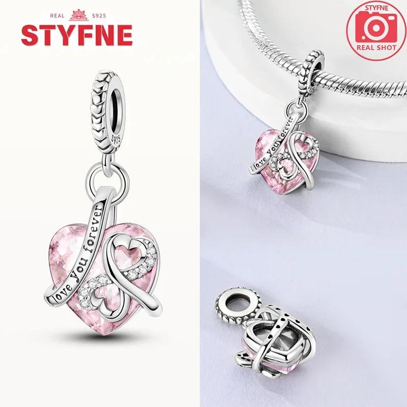 Copper Pink Heart-Shape Forever Love Charms Colorful Zircon Beads Pendant Fit Original Bracelet Diy Jewelry Gifts For Women