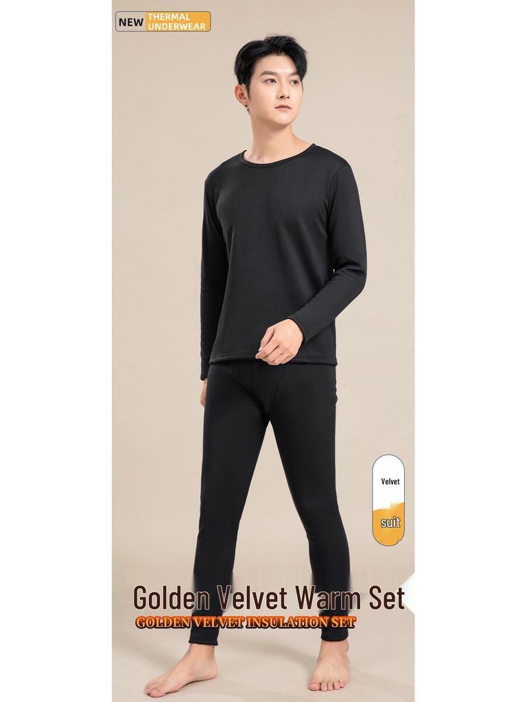 Unisex Golden Velvet Dickes Thermounterwäsche-Set - Rundhals-Oberteil & Warme Hose für Herbst/Winter