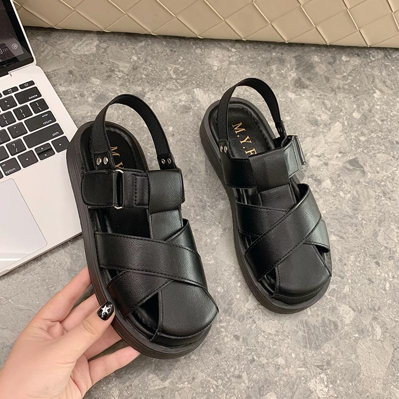 Women's Leather Muffin Sandals, Gladiator Shoes, Slip-on Toe, Thick Sole, New Collection for Summer 2025