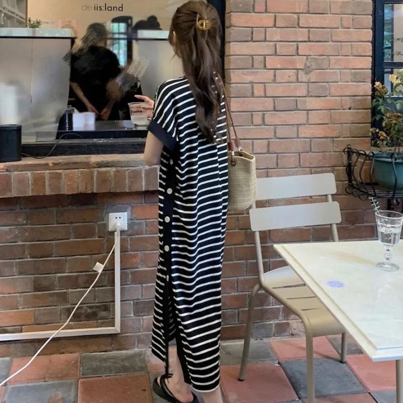 Casual Button Split Striped Dresses Female Clothing Loose Korean Patchwork Short Sleeve Summer O-Neck Basic Straight Midi Dress