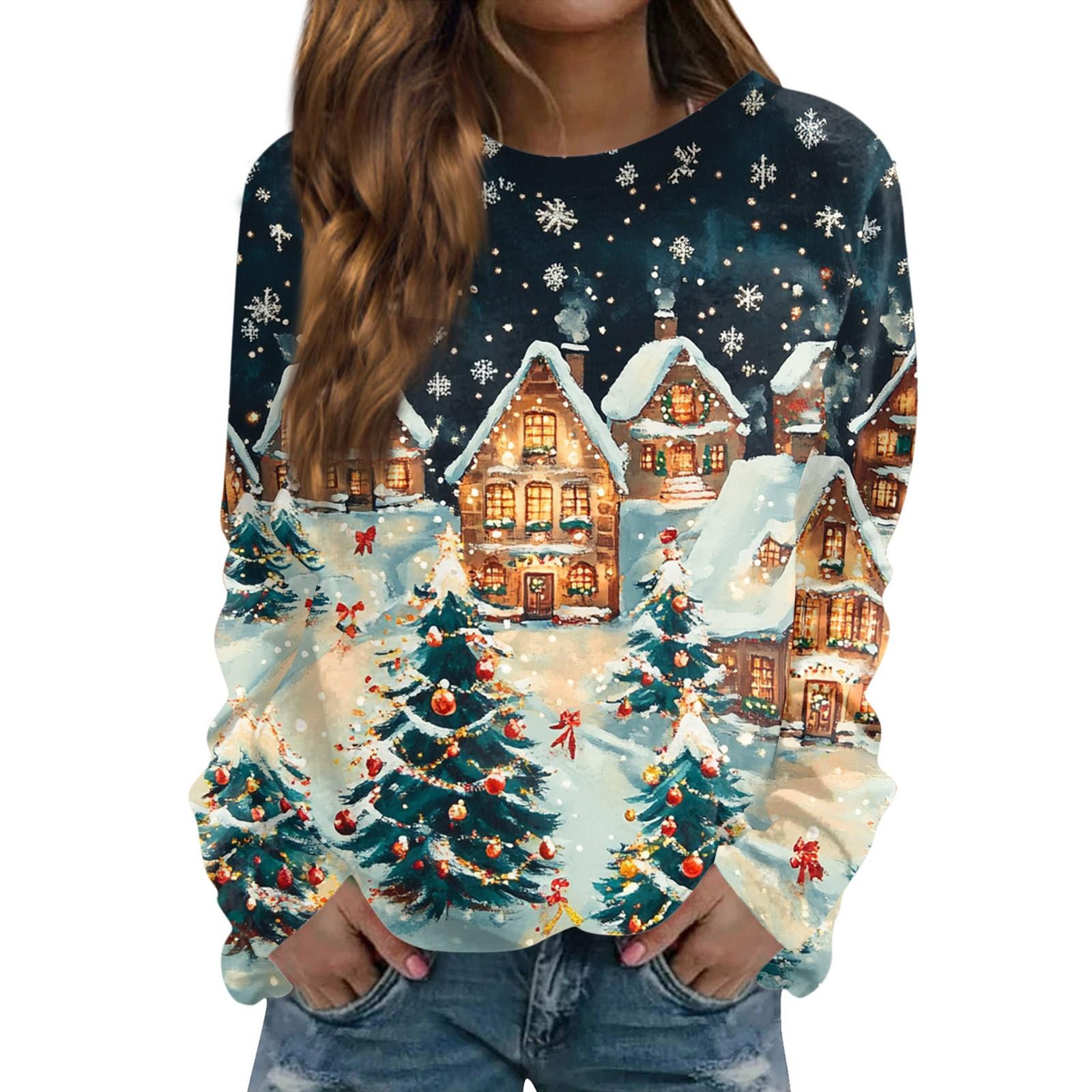 

Женская повседневная мода с принтом рождественской елки и круглым вырезом с длинными рукавами M