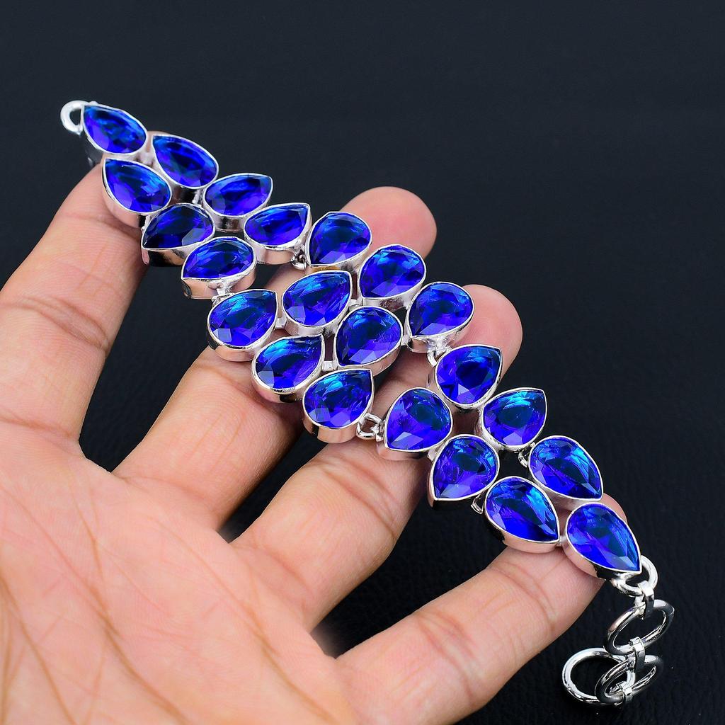 Sea Blue Topaz Gemstone Handmade 925 Sterling Silver Bracelet, Silver Gemstone Bracelet, Sea Blue Topaz Stone Bracelet, Unisex Bracelet