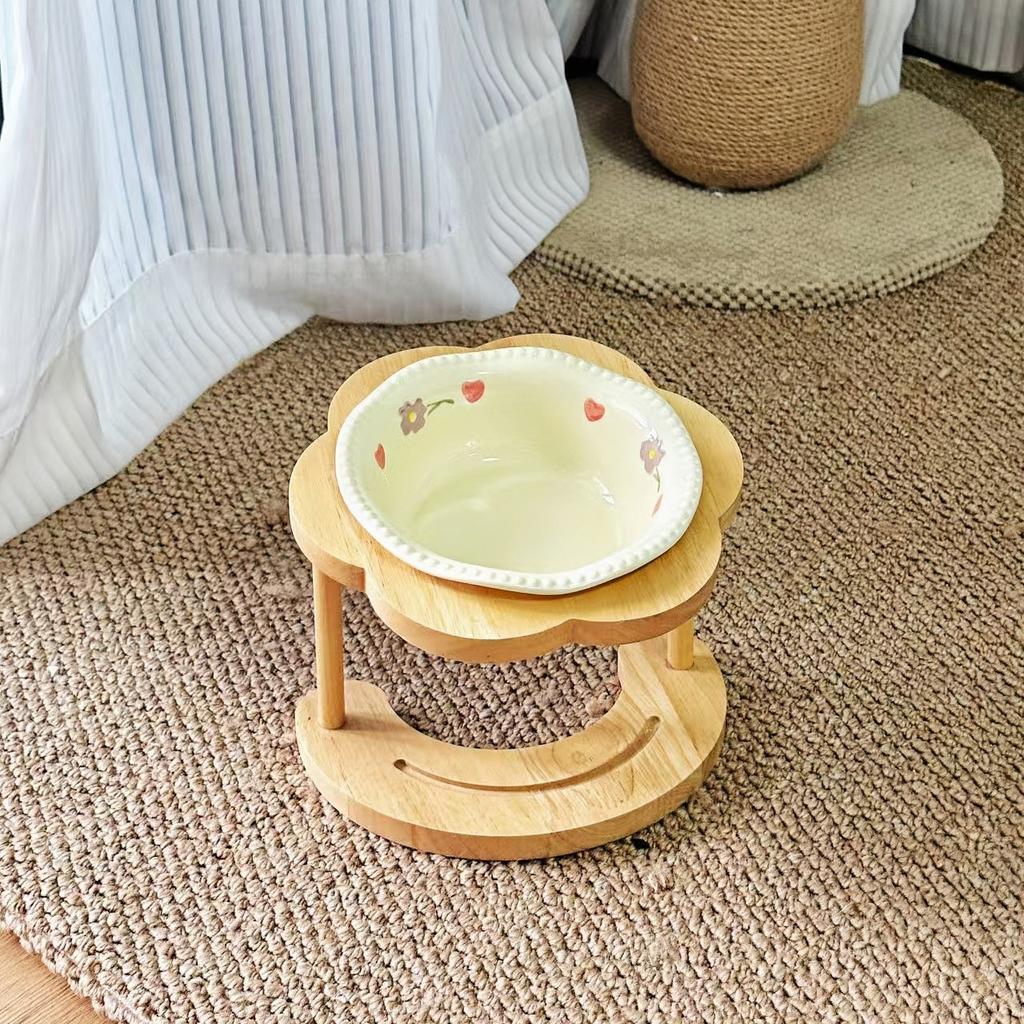 Elevated Ceramic Pet Bowl with Wooden Stand - Anti-Spill Cat Food Bowl & Dog Feeder, Neck-Protective Design for Cats and Dogs