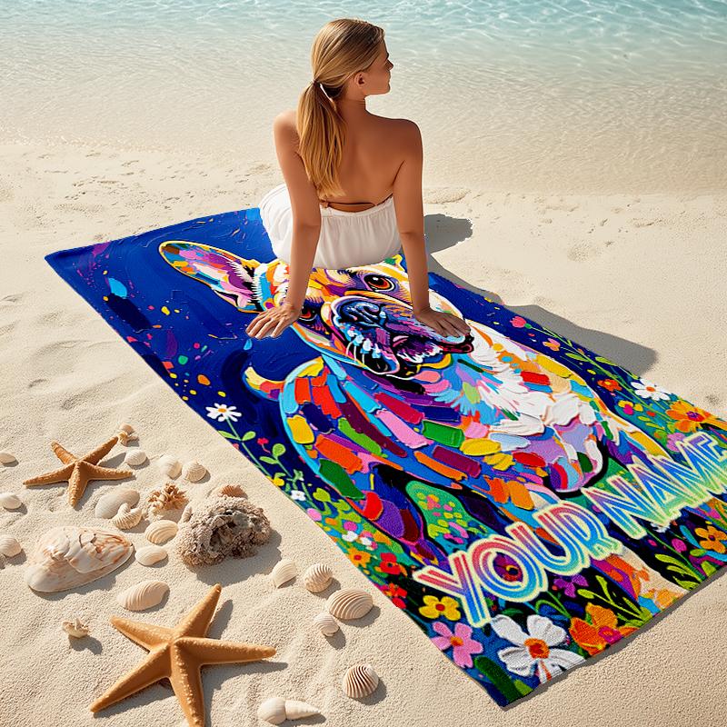 1PC Custom Name Colorful French Bulldog Art Beach Towel Highly Absorbent And Sand-Resistant Towel for Swimming, Pool, Yoga, And Travel Lightweight