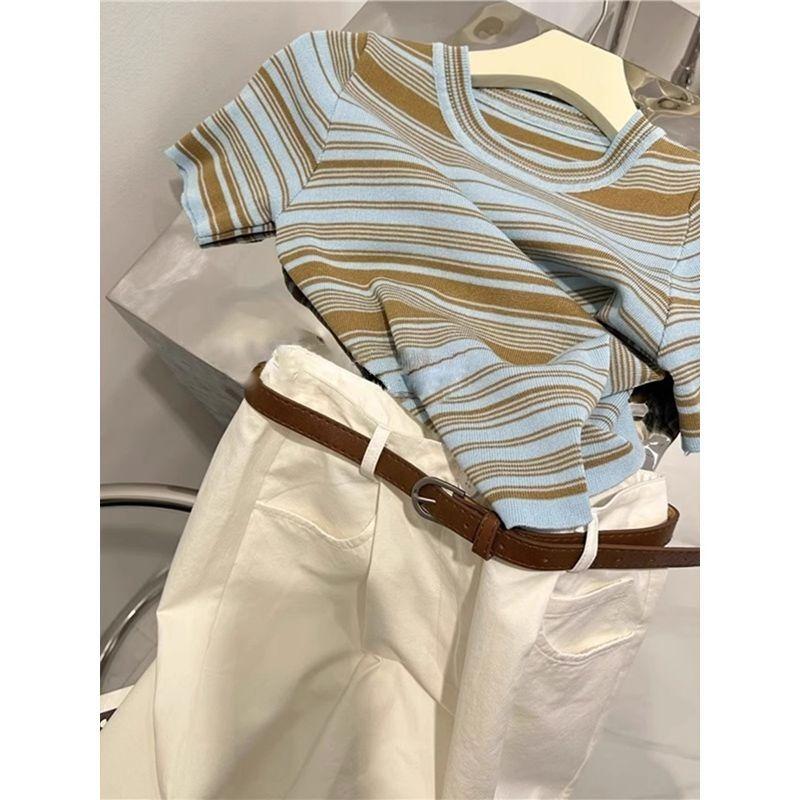 Women s Striped Knit Short Sleeve Crop Top S