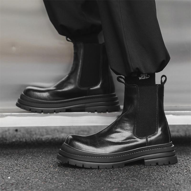 men fashion high chelsea boots slip-on genuine leather shoes stage nightclub cowboy platform boot handsome long motorcycle botas