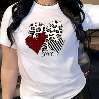 T-shirt d'été à imprimé cœur et amour Polyvalent Manches courtes Col rond Haut Vêtements pour femmes Été Confortable T-shirt Hauts Softtee Unisexe