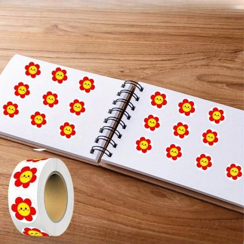 1000pcs/2rolls Smiley Flower Stickers Cute Red Yellow Floral Decals for Planner Notebook Scrapbooking and Everyday Decorating
