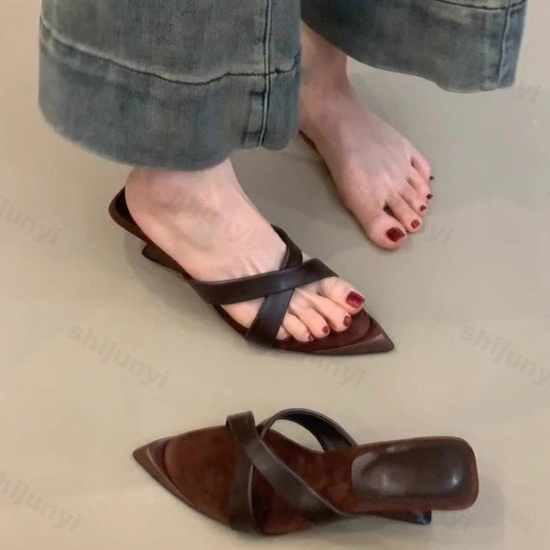 Fashion Leopard Print Woman High Heels Slippers 2025 Summer Fashion French Pointed Toe Shallow Mouth Open Toe Retro Outdoor Slippers