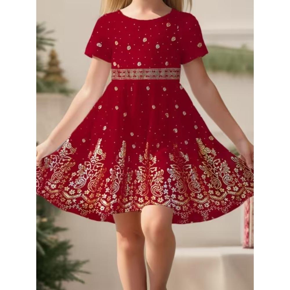 Girls 3D Print Dresses Kids Girl Party Short Sleeve Princess Dress Tank 3D Floral Pattern Print Dress