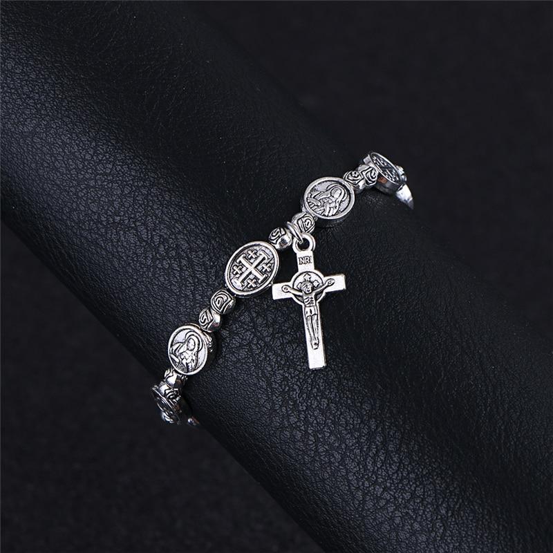 Handmade Rosary Bracelet Elasticated Metal Bracelet  Round Rose Alloy Beads Catholic Saints Images Prayer Bracelets