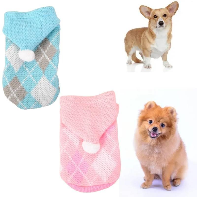 Stilvoller Hunde-Pullover mit Karomuster für den Winter, Farben Rosa, Rot, Blau erhältlich