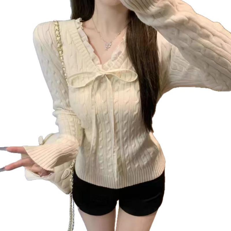 New Twist Knot Tie-up Neck Knitted Sweater Women's Spring Inner Slim-fit Bottoming Shirt Long-sleeved Top