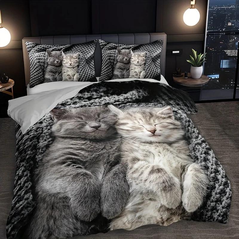 3Pcs Cat Animal Duvet Cover Set 3D Cute Pet Cat Hd Printing Bedding For Home Dorm