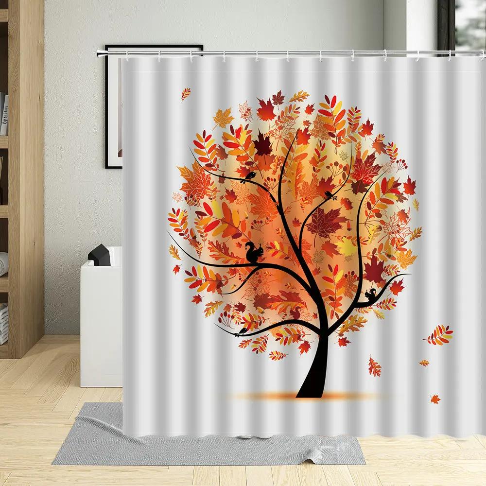 Autumn Tree Bicycle Fallen Leaves Scenery Shower Curtain Winter Forest Branch Leaf Watercolors Art Home Decor Bathroom Curtains