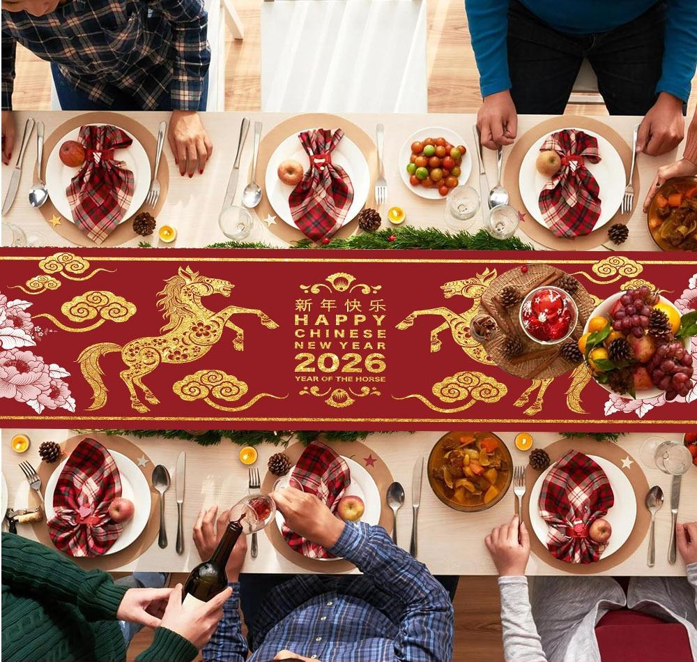 Chinese New Year Linen Table Runner Party Decor Chinese 2026 Spring Festival Lunar Horse Floral Table Runner New Year Decoration