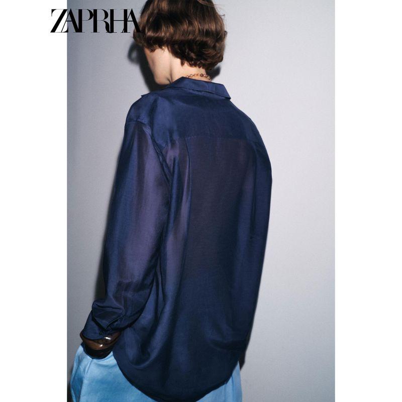 Zaprha 2025 Autumn New Casual Loose Asymmetric Hem Lapel Long Sleeve Shirts Top 3819008