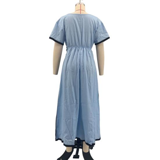 Maxi Robe d'Été pour Femmes Rayée Manches Courtes Col en V Robe évasée Décontractée Vacances à la Plage Fluide Robe d'été coupe A