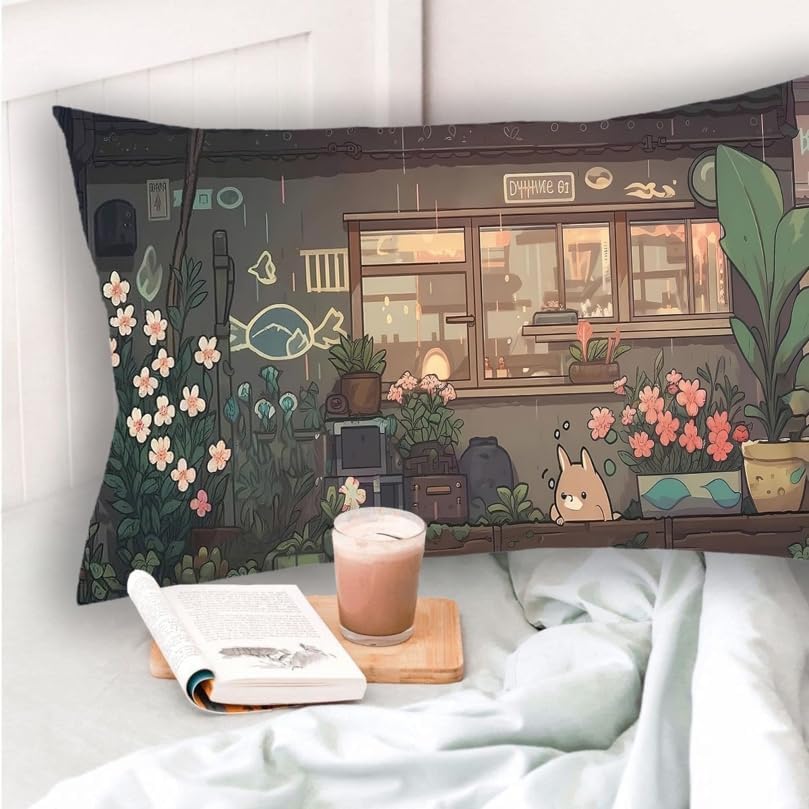Japanese Anime Pillowcase Kawaii Cat Cute Pillow Case Green Plants Rectangular Cute Pillow Covers 20"x 30" Inch Pillowcases with Hidden Zipper Sofa
