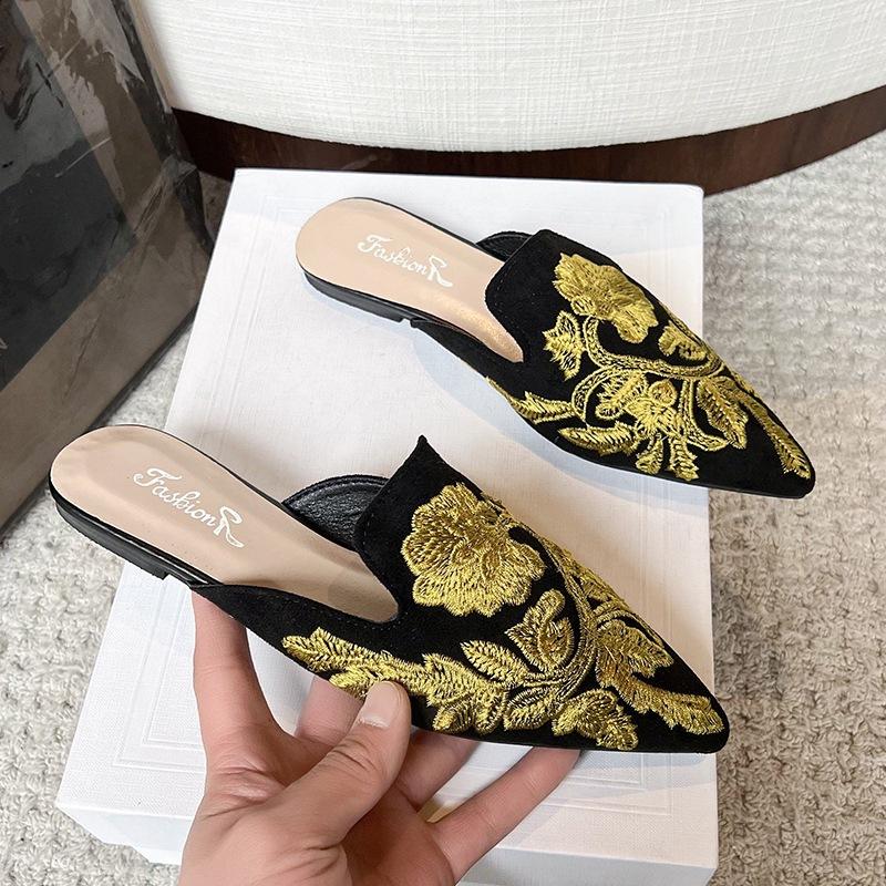 Fashion Summers Embroidery Women Mules Slippers Luxury Fashion Elegant Pointed Toe Slides Shoes Ladies Dress Flats Sandalias2025