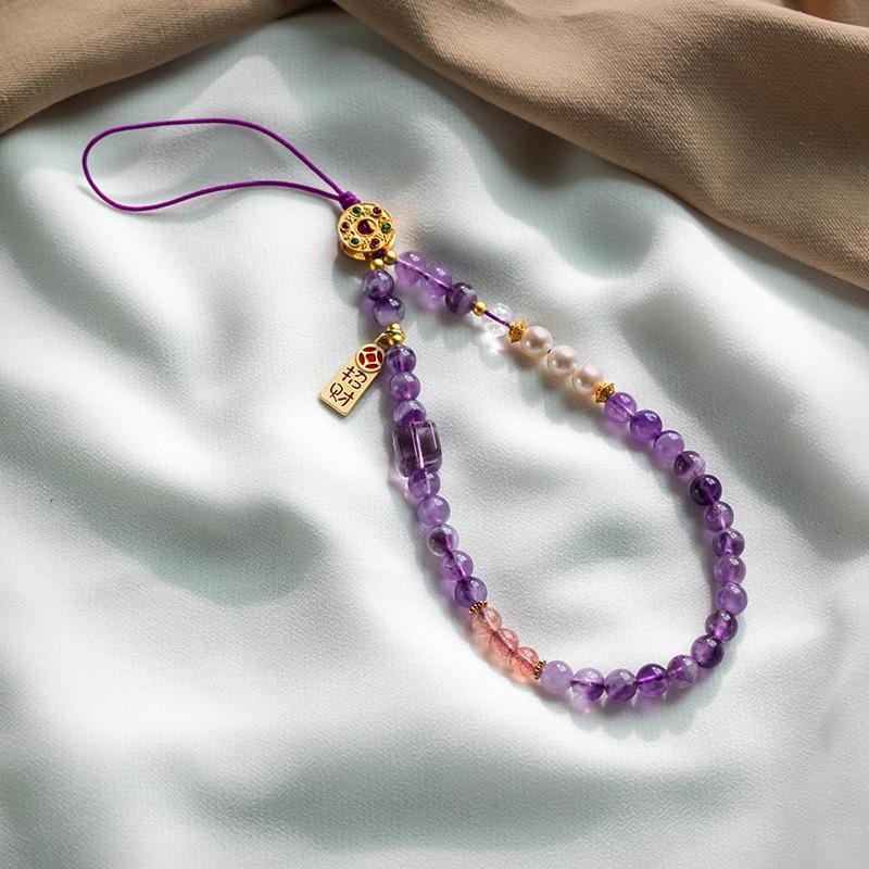 

Amethyst wrist phone chain for women, beaded phone pendant, exquisite accessory, short style, high-end feel phone strap Amethyst phone chain-Weal