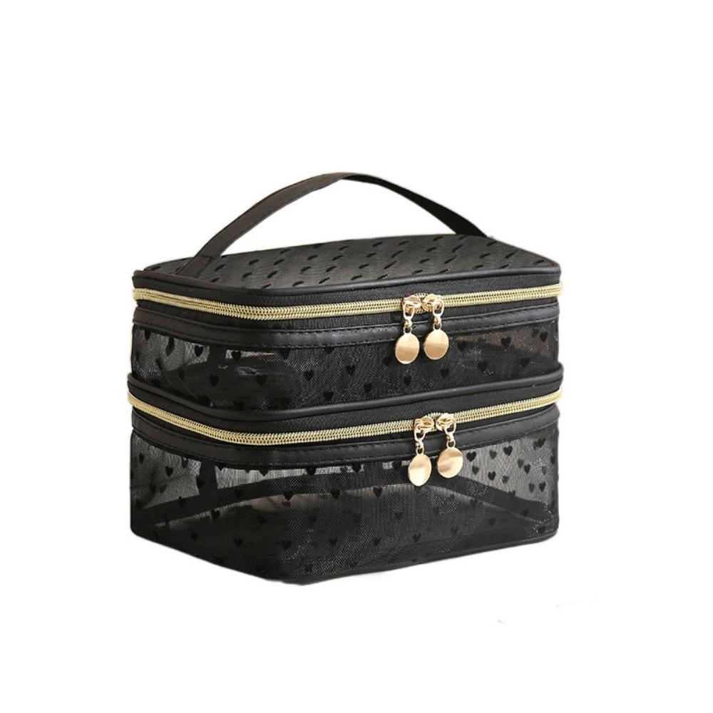 Black Heart Printed Mesh Love Makeup Bag Large Capacity Women Toiletry Bag Women