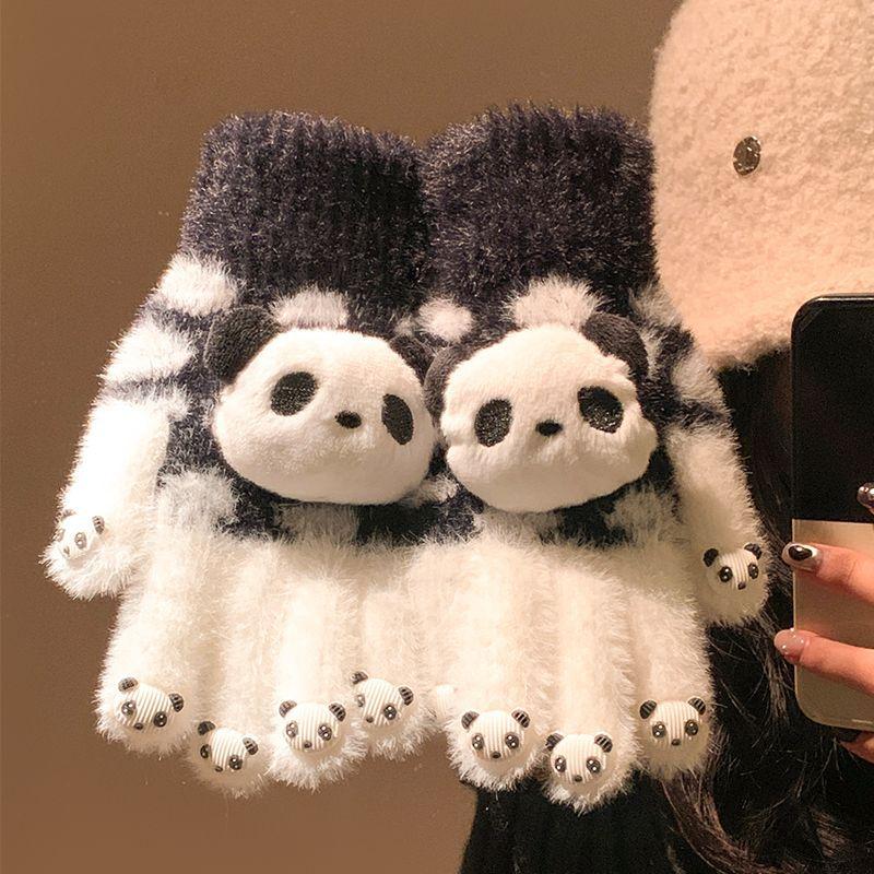 Cute red panda plush knitted gloves female winter thickened warm student riding cold can be divided