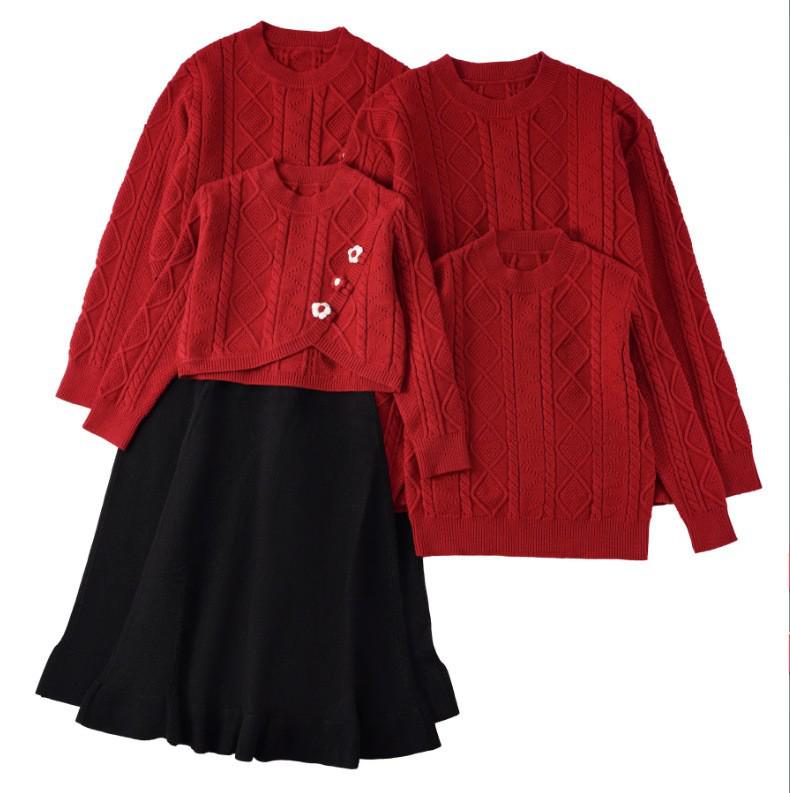 New Parent-Child Red Sweater: Women's Dress & Men's Top, Autumn/Winter Thick Knit Korean Style Family Outfit.