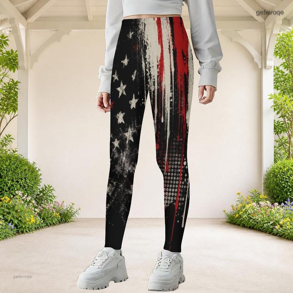 Girls Printed Full Length Fitted Yoga Leggings Black Red White Stretch Waist Pants