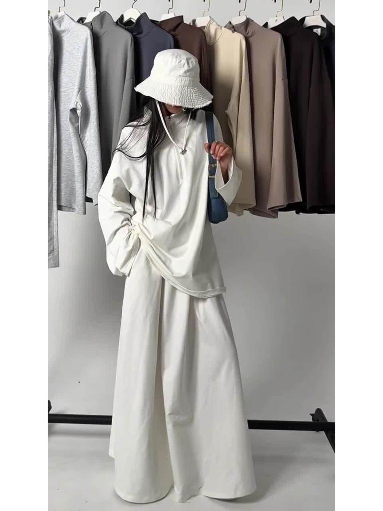 2025 Women's Casual Loose Drapey Half-Zip Top & Skirt Two-Piece Set