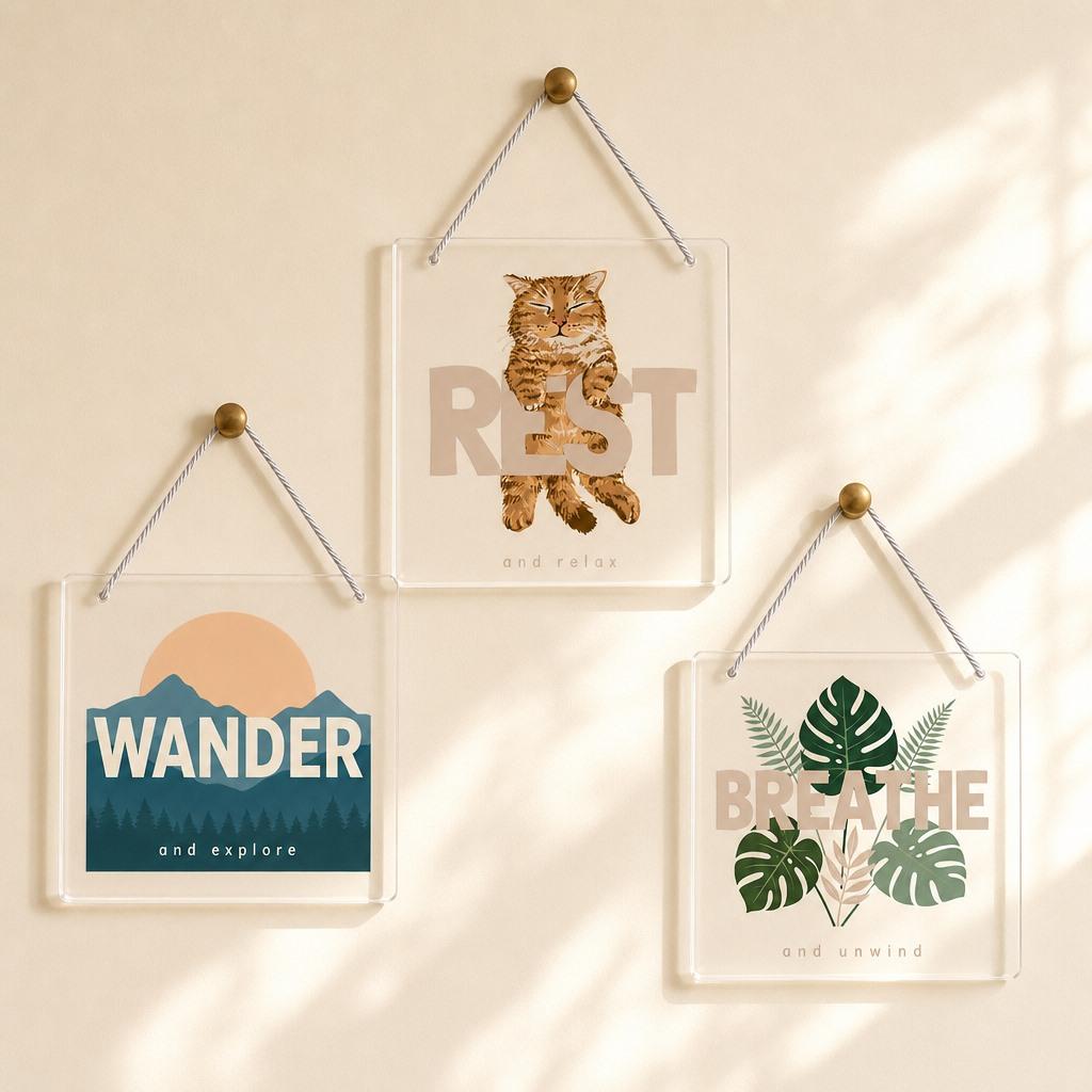 Square Clear Acrylic Wall Plaque Cat Art 20x20cm Smooth Edge Hanging Sign Home Decoration