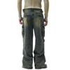 American High Street Retro Work Style Multi-pocket Wide-leg Jeans for Men Loose Straight