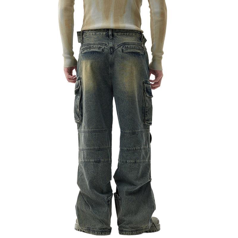 American High Street Retro Work Style Multi-pocket Wide-leg Jeans for Men Loose Straight