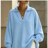 Womens V-Neck Knit Sweater Loose Fit Drop Shoulder Long Sleeve Pullover Top Blue Solid Casual Streetwear