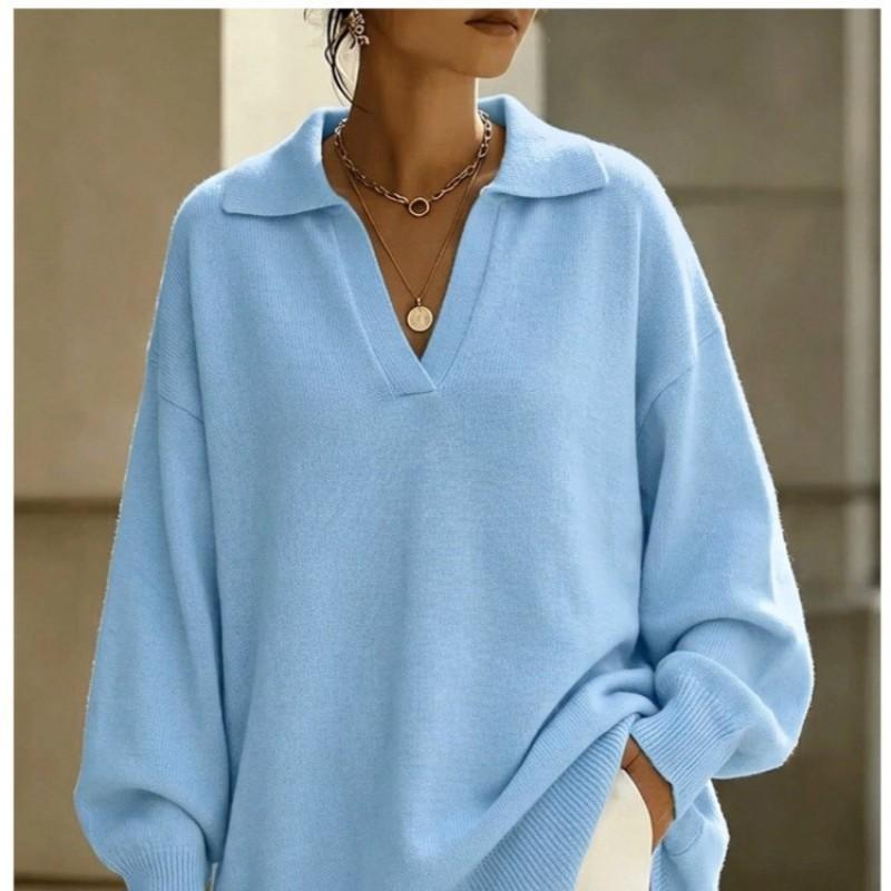 Womens V-Neck Knit Sweater Loose Fit Drop Shoulder Long Sleeve Pullover Top Blue Solid Casual Streetwear