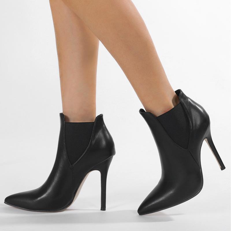 Short Boots Women's Autumn and Winter New Pointed Temperament Fashionable Elastic Belt Large Size Thin Heel Thin Boots High Heel Boots