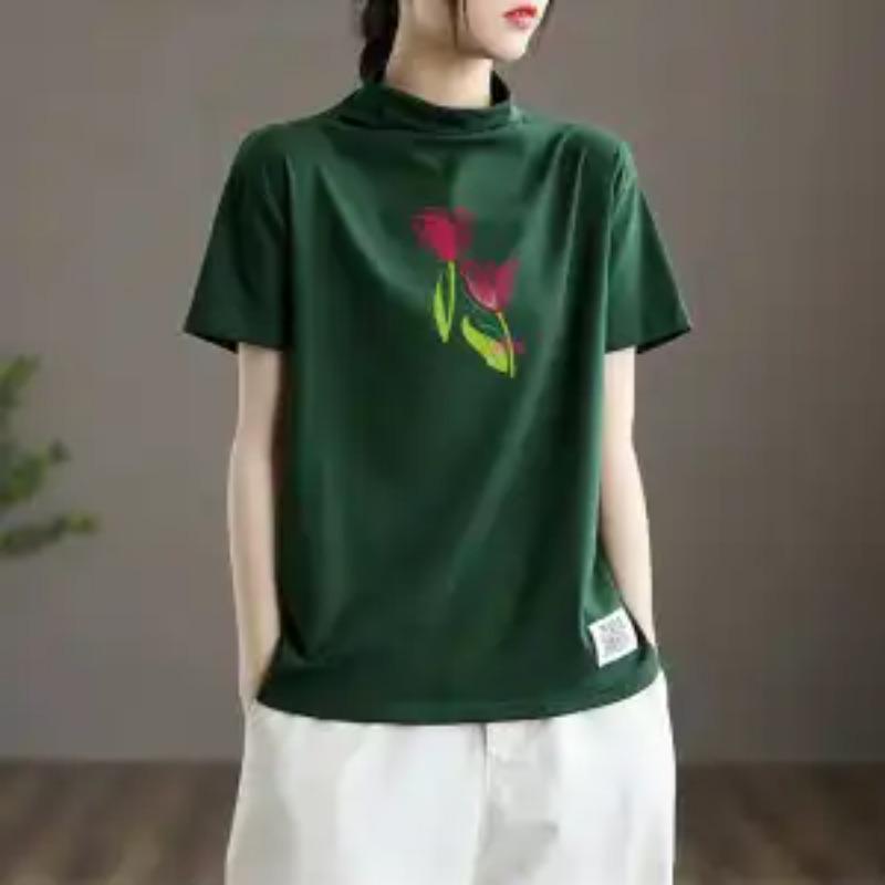

Summer Women Tulip Print Mock Neck Short Sleeve Casual Cotton T Shirt L зелёный