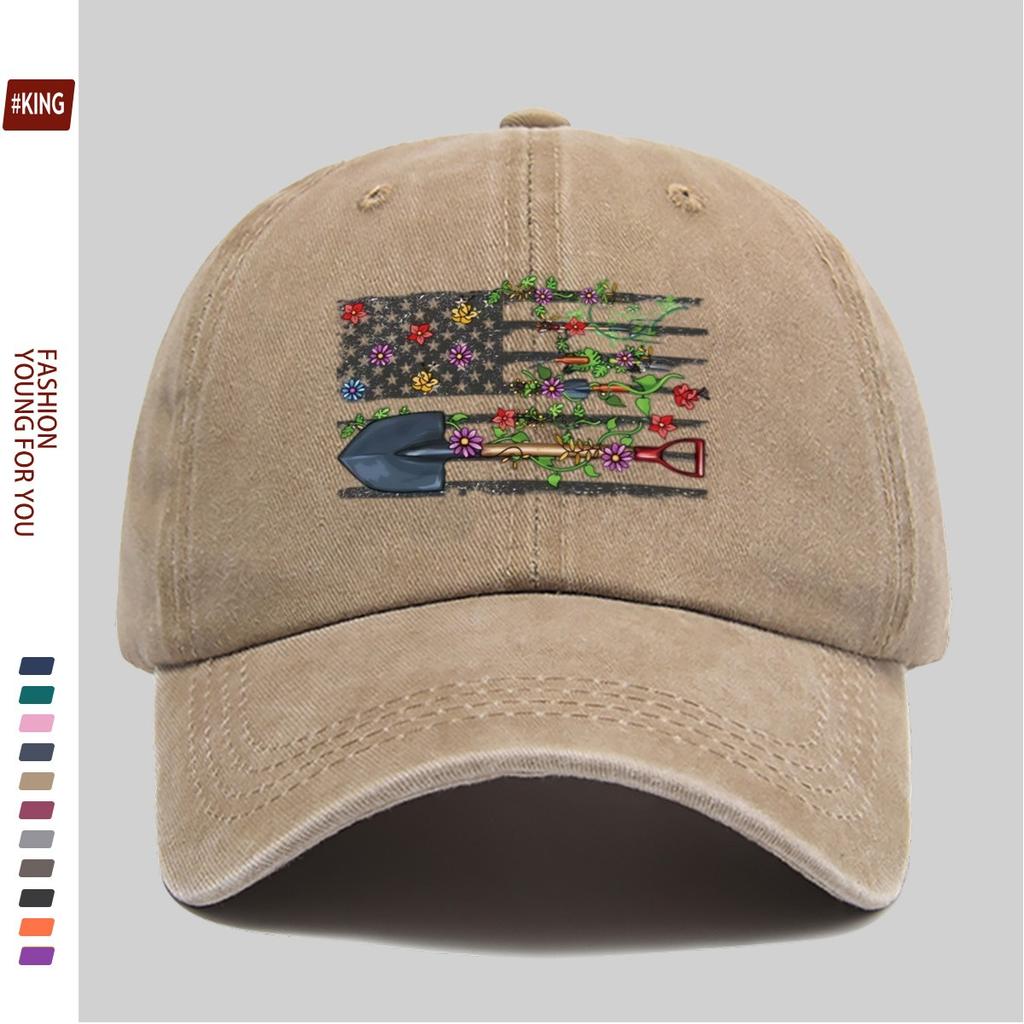 Gardening Shovel Floral Print Washed Baseball Cap Unisex Adjustable Casual Outdoor Style Hat