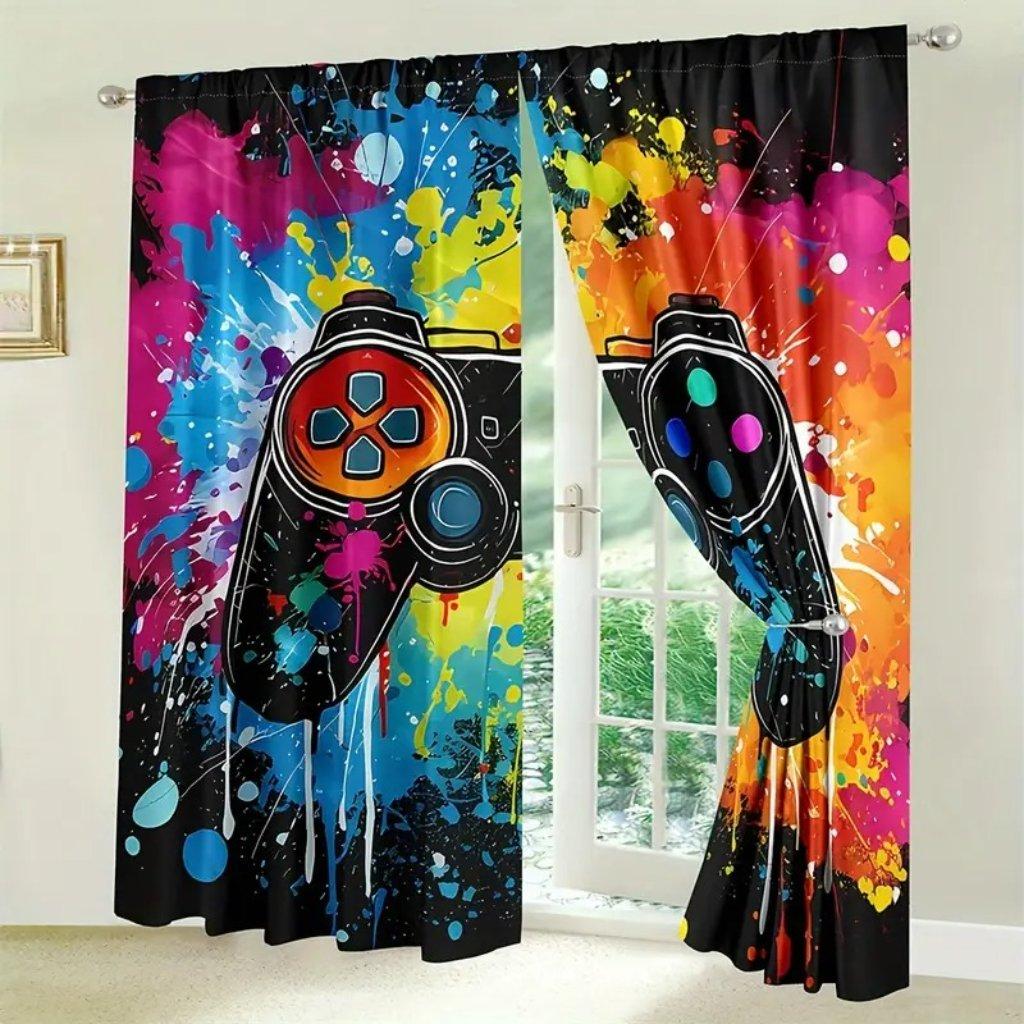 Set Of 2 Gamer Curtains Living Room Bedroom Decor Colorful Gamepad Design Teens Gamers Curtain For Great Made Polyester