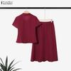ZANZEA Damskie bluzki z krótkim rękawem i spódnice Letnie dwuczęściowe zestawy garniturowe