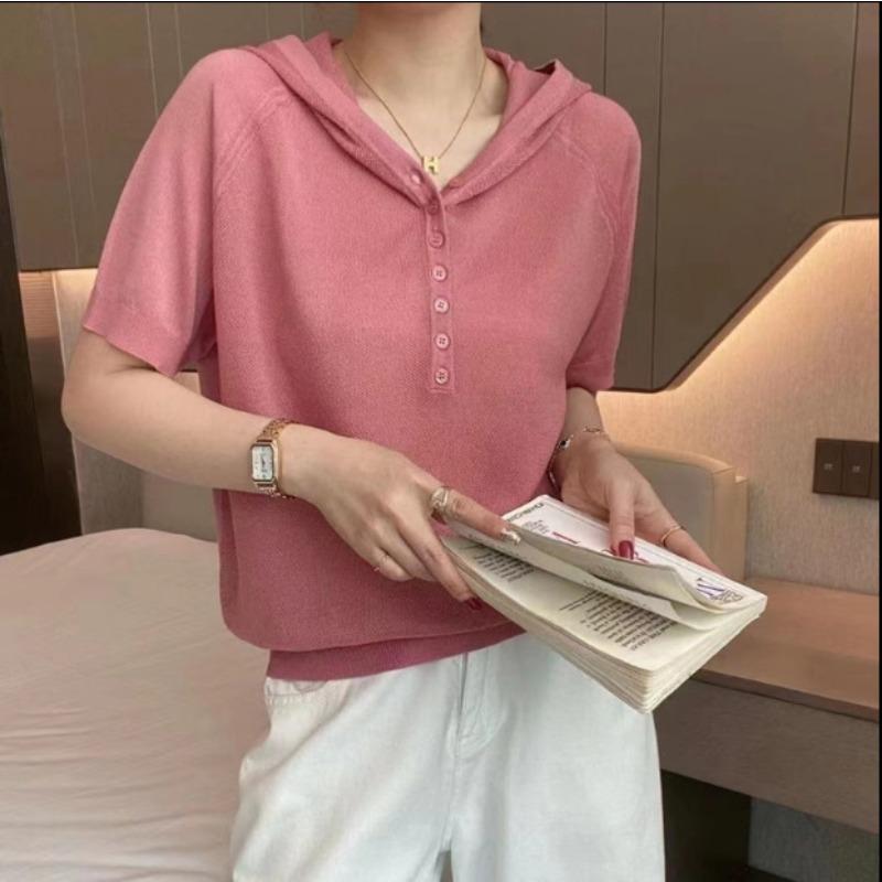 Summer Hooded Knitted T-shirt Women's Loose Ice Silk Top Knitted Sweater Thin