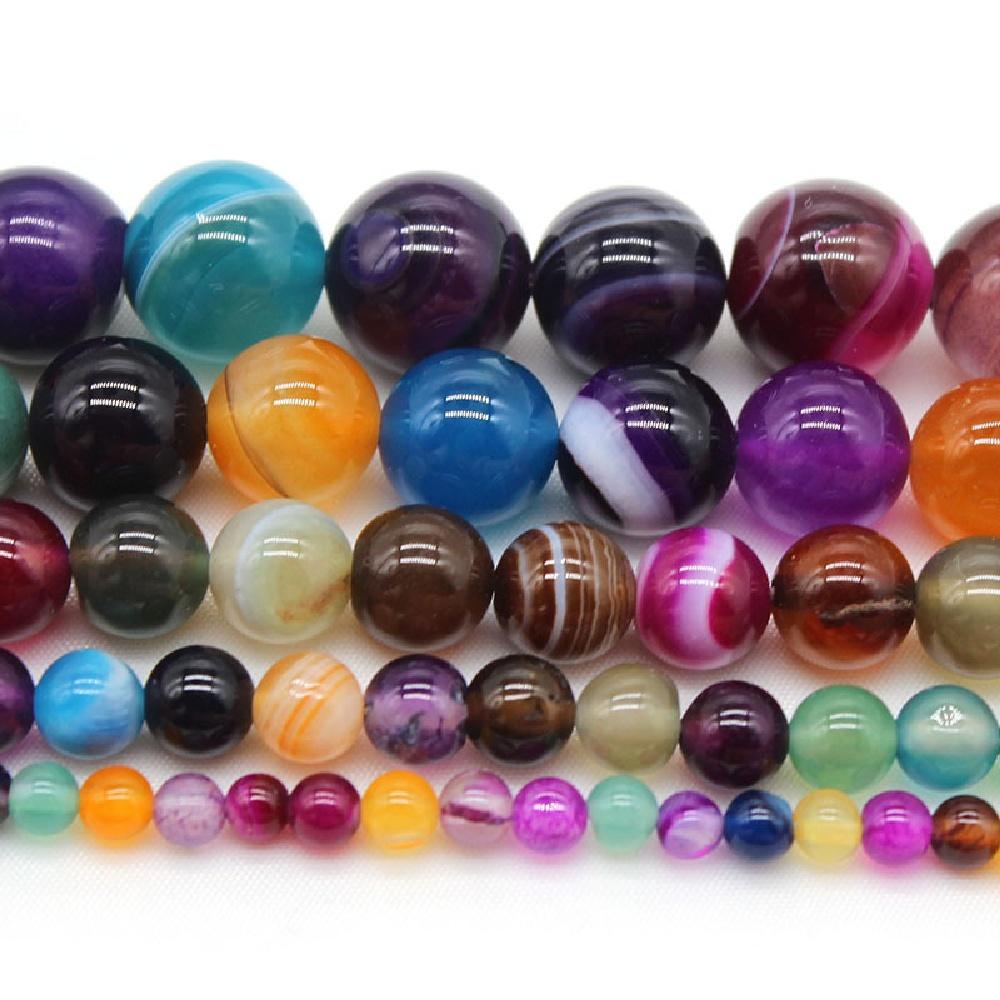 Multicolor Stripe Agates Stone Round Beads 15"Strand Smooth Loose Spacer Beads 4/6/8/10/12mm for Jewelry Making DIY Bracelets Accessories