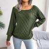 Womens Autumn Winter Cable Knit Sweater Solid Color Square Neck Buttons Long Sleeve Ribbed Knitted Pullover Loose Jumpers Tops