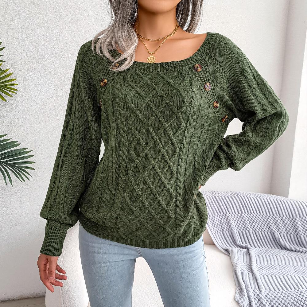 Womens Autumn Winter Cable Knit Sweater Solid Color Square Neck Buttons Long Sleeve Ribbed Knitted Pullover Loose Jumpers Tops
