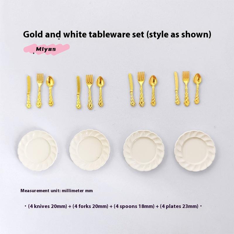 1/12 Scale Miniature Dollhouse Cake Dish with Knife Fork Spoon Set - DIY Decoration Doll House Accessories for 1/12 Scale Models